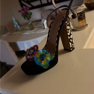 Betsey Johnson Black Platform Sandal with Multicolor Floral Appliqués